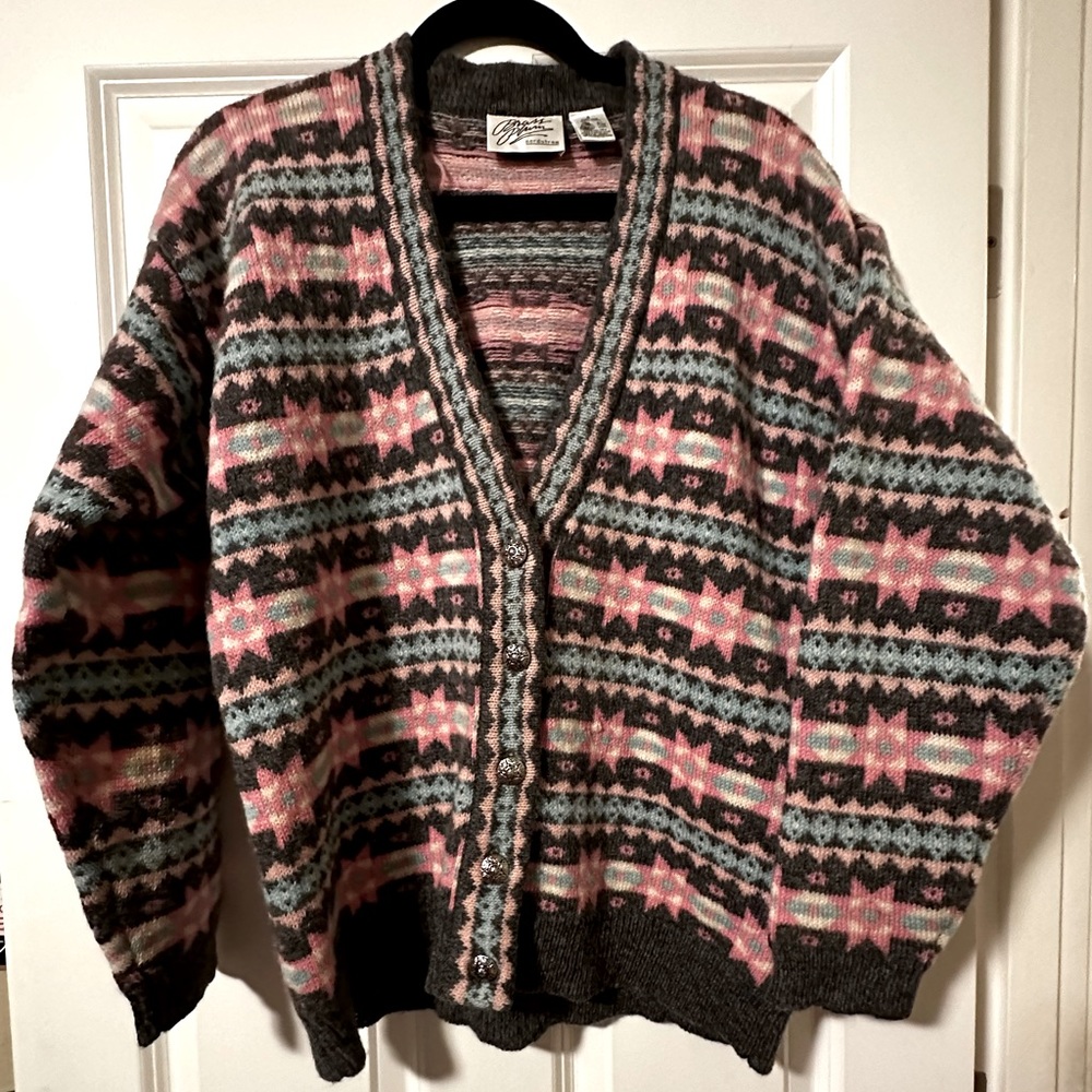 Vintage Brass Plum Shetland Wool Cardigan Sweater